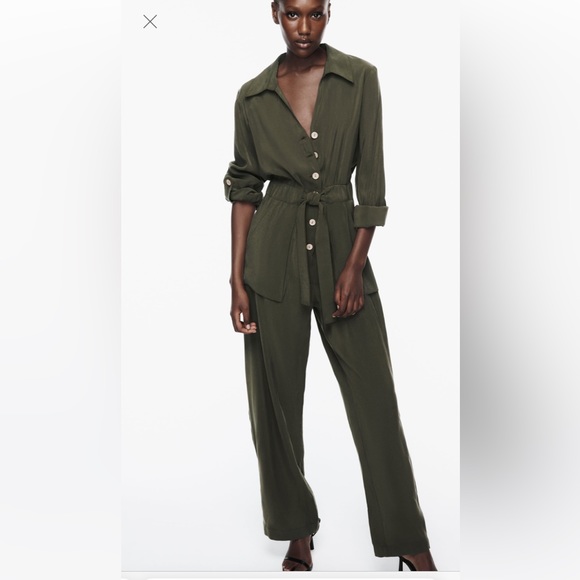 ZARA FLOWY JUMPSUIT WITH BELT KHAKI SIZE M - Picture 1 of 10